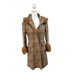 Vintage Pennylane Plaid Wool Coat with Fur Trim, size XS/S